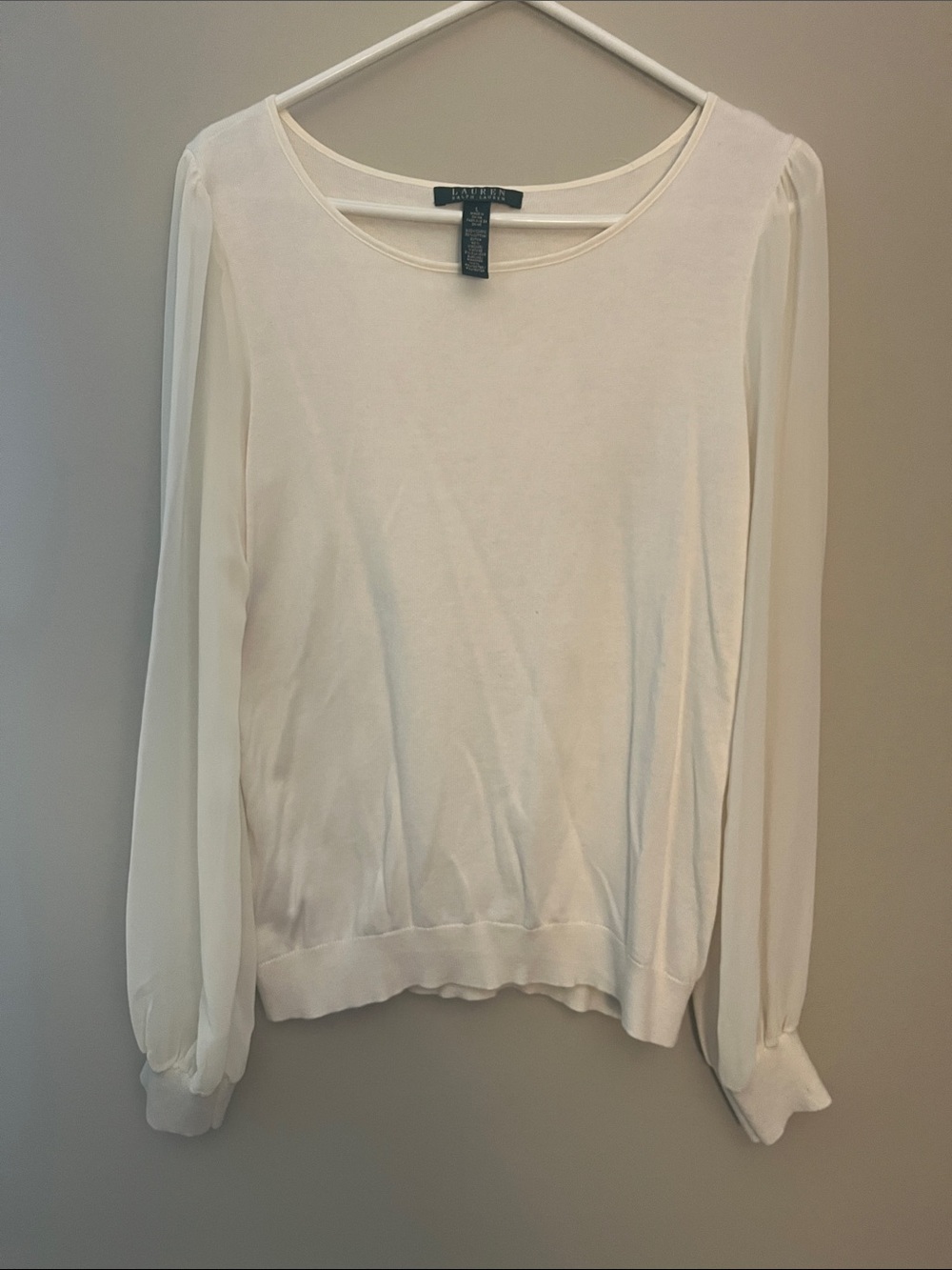 Ralph Lauren Cream Long-Sleeve Knit Top with Sheer Sleeves